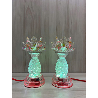 Một cặp đèn thờ pha lê sen thơm cao 17cm