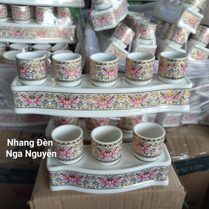 Bộ chung 3-5 ly thờ cúng hoa sen 7 màu cao cấp/Bộ ly đựng nước thờ cúng không nắp