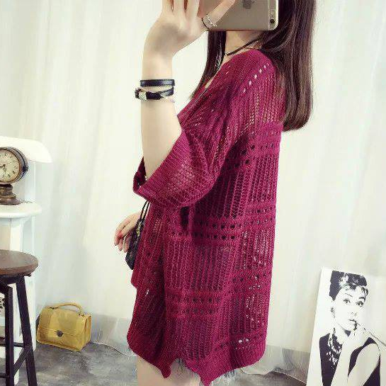 Áo len móc sọc ngang A116-đỏ rượu vang
