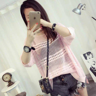 Áo len móc sọc ngang A116-trắng