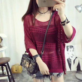 Áo len móc sọc ngang A116-trắng