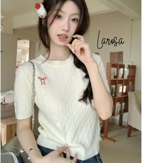 Áo len nữ, áo len cộc tay nữ cổ tròn thêu nơ, tim chất len mongtoghi ngắn tay dáng ôm vừa phong cách Hàn Quốc _LaRoSa