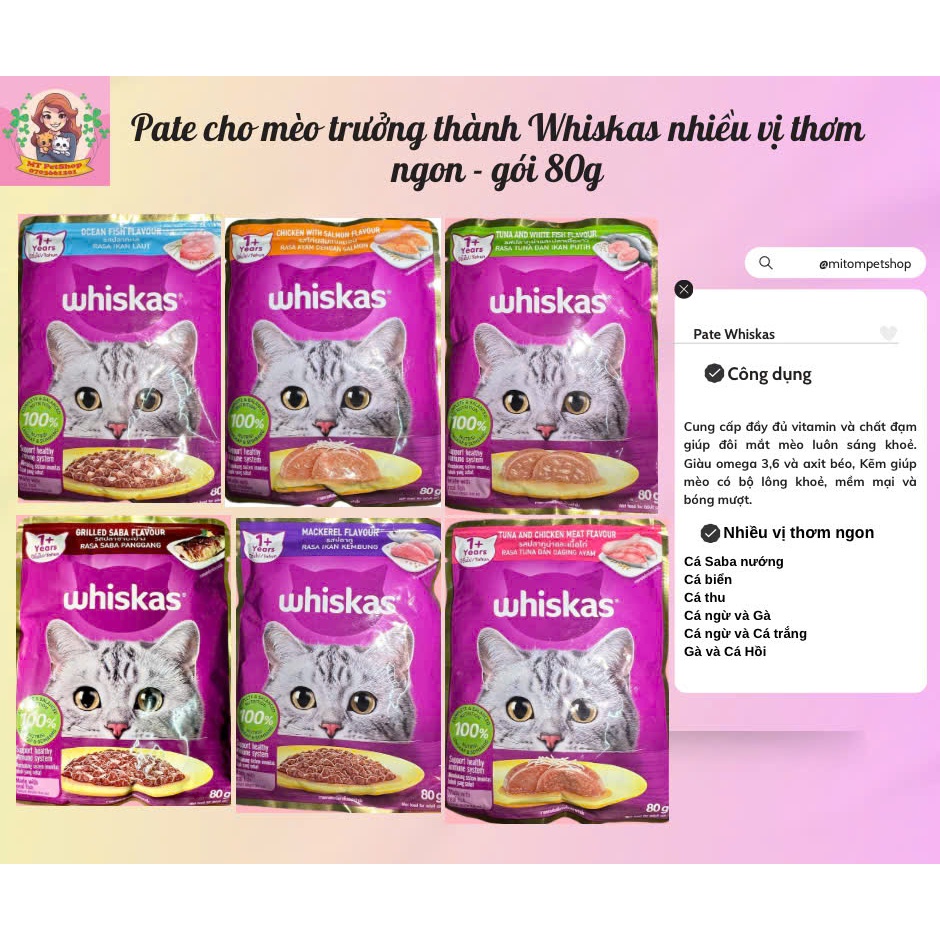 Pate Whiskas cho mèo trưởng thành nhiều vị thơm ngon bổ sung nhiều dinh dưỡng gói 80g