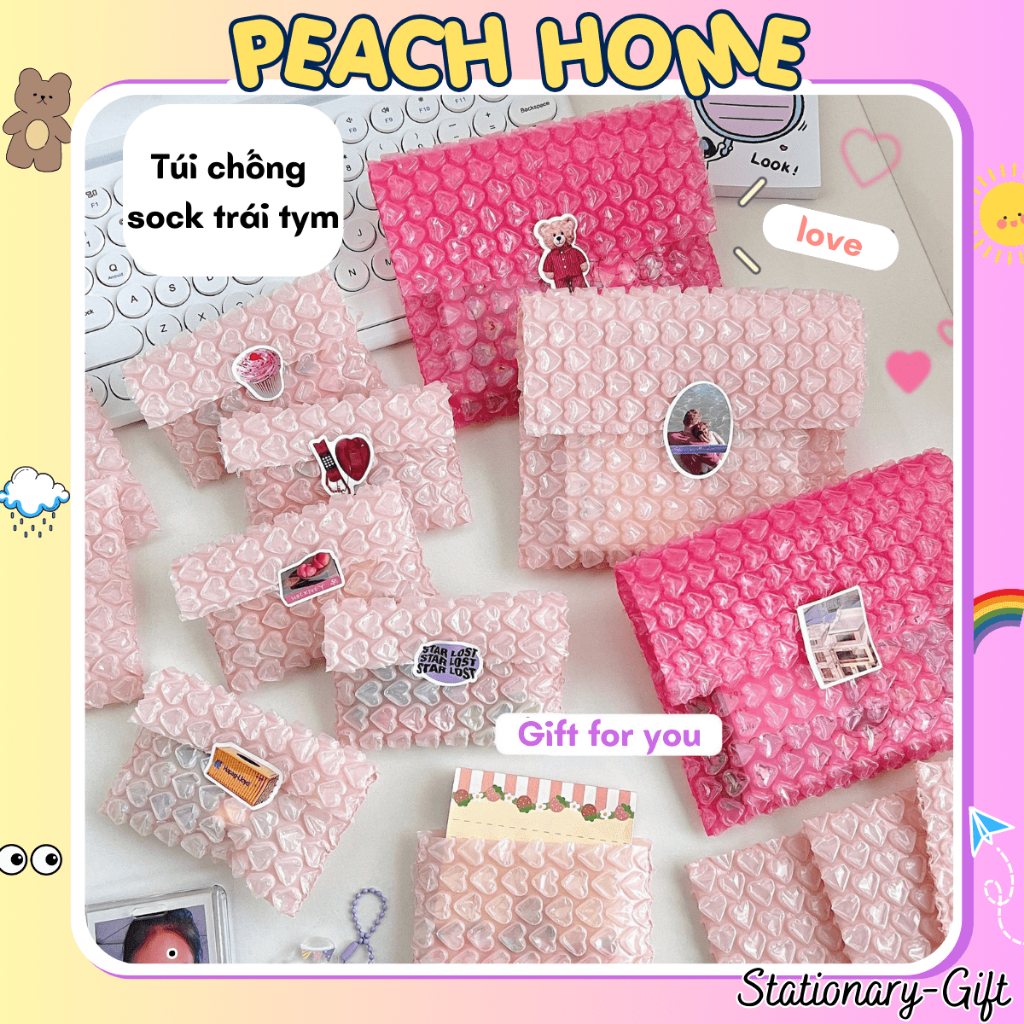{3k} Túi Chống Sock Bóng Khí Hình Trái Tim Đựng Quà Tặng Lưu Trữ Card/Ảnh IDOL Cute Bao Đựng Peach H