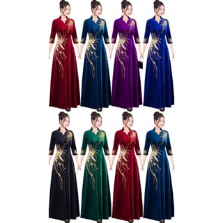 Đầm dạ hội nhung trung niên cho mẹ đi tiệc cổ nữ hoàng hoa kết đá đặc sắc đối xứng vai sườn phối hoa tay size lớn 75kg