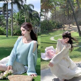 Áo len dệt kim thun hở vai cột dây khoét cánh tay dài tay dáng ngắn croptop thu đông nữ sinh dịu dàng