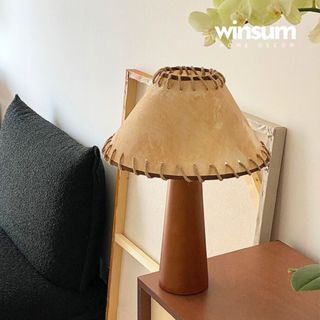 Đèn để bàn thân gỗ nguyên khối chao vải da phong cách vintage, đèn hình nấm trang trí nhà - winsum.decor DBB08