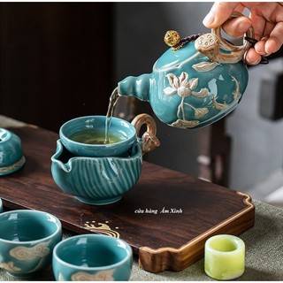 Bộ ấm chén pha trà sứ Cảnh Đức Hoa sen