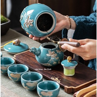 Bộ ấm chén pha trà sứ Cảnh Đức Hoa sen