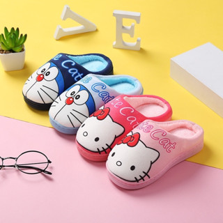 Dép bông trong nhà cho bé đế cao su  dép lông mùa đông hình Doremon Hello Kitty cho bé từ 2-10 tuổi