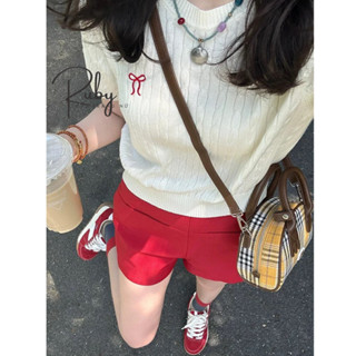 Áo len nữ, áo len cộc tay nữ thêu NƠ, TIM vặn thừng mongtoghi ngắn tay dáng ôm vừa phong cách Hàn Quốc màu kem đen đỏ