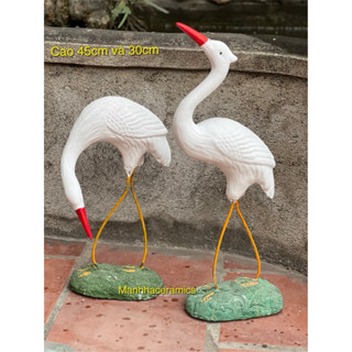  Tượng đôi cò mỏ đỏ cao 45cm và 30cm gốm sứ Bát Tràng 