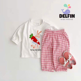 Sét bé gái áo thun dài tay thỏ cà rốt quần dài caro ống rộng suông Delfinkid, sét thu đông bé gái từ 10-30kg, sét đi học