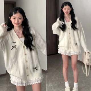 ẢNH THẬT Áo khoác len cardigan len màu be trắng có nơ xinh dài tay tua rua cổ V khuy tròn nữ sinh ulzzang