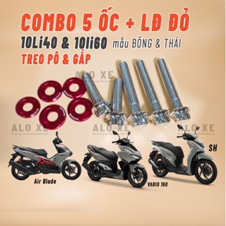 Combo 5 ốc Salaya Inox 304 + Long Đền Đỏ bắt treo pô 10li60 & gắp 10li40 cho xe AB, Vario 160, SH 125/150/160 các đời