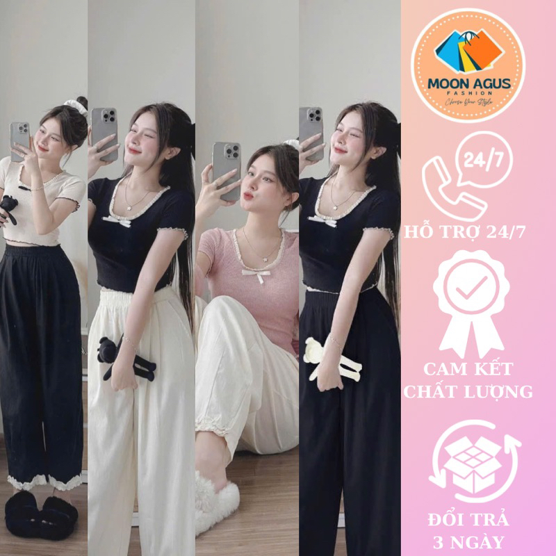 (Tặng túi mù)Set đồ nữ mặc nhà áo tay ngắn nhúng bèo cổ nơ phối quần ống đứng viền hoa 4 màu