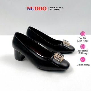 Giày Cao Gót Nữ Công Sở Đế Vuông 5p, Guốc Bít Mũi Nữ Phối Nơ Da Mềm NUDDO _NT05u