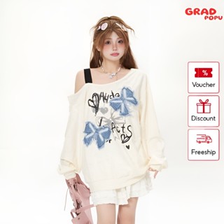 Áo sweater trễ vai GRADPOPU PAT48 dài tay thiết kế lệch nửa vai thời thượng in họa tiết nổi bật phong cách Hàn Quốc