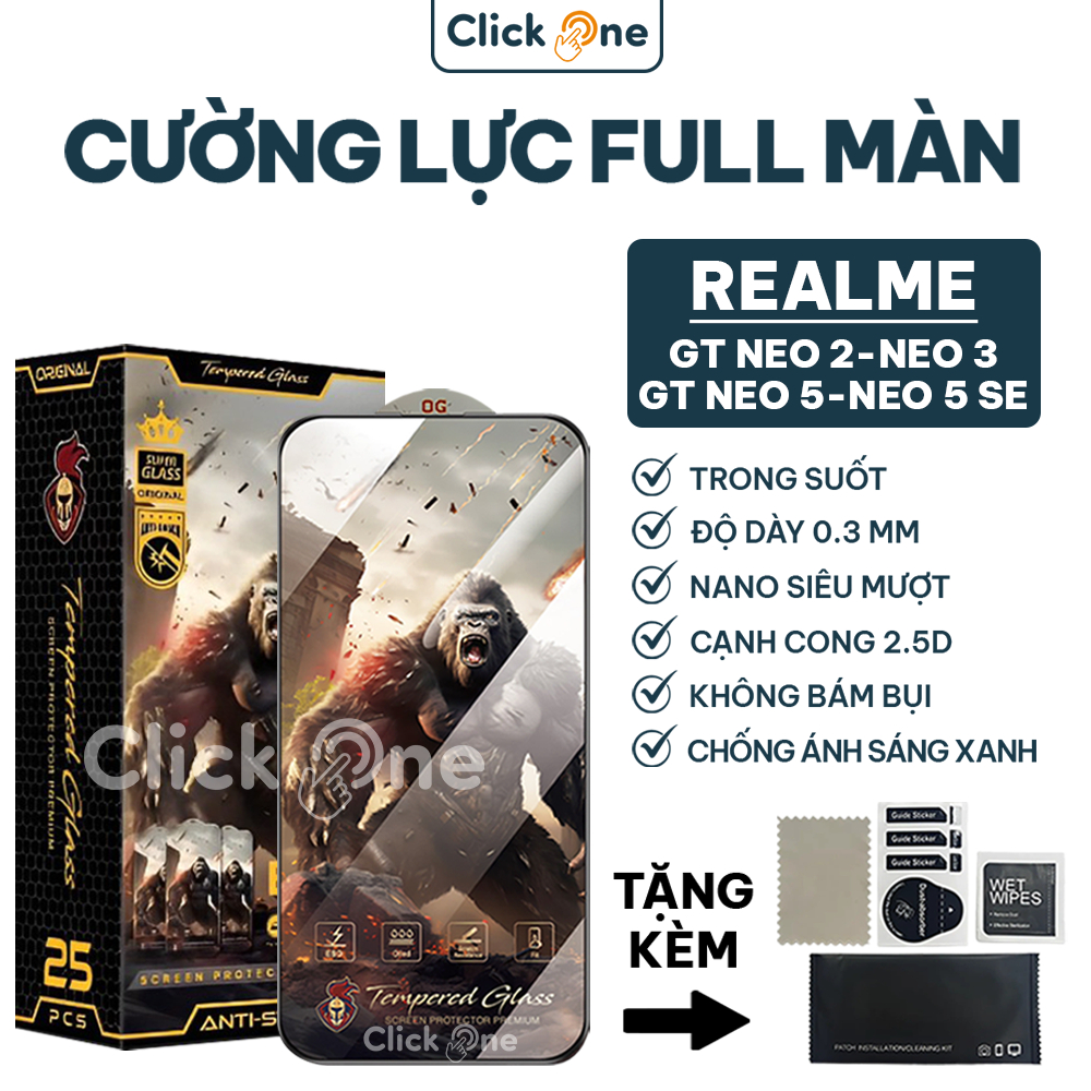 Kính cường lực Realme GT Neo 2, Neo 3, Neo 5, Neo 5 SE full màn trong suốt, chống ánh sáng xanh