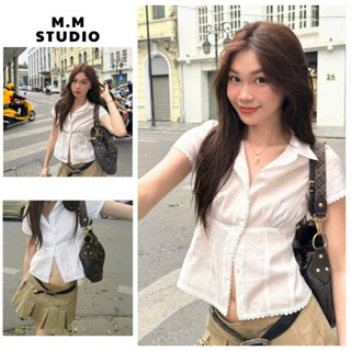 Áo sơ mi phối ren croptop M.M STUDIO- Áo sơ mi dáng ngắn chất vải thô cotton m207
