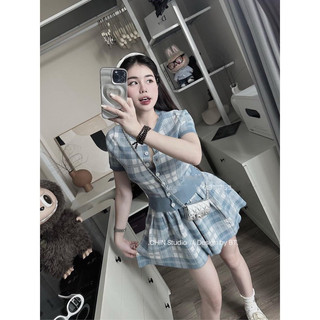 Set áo len kẻ chân váy hàng qcl1