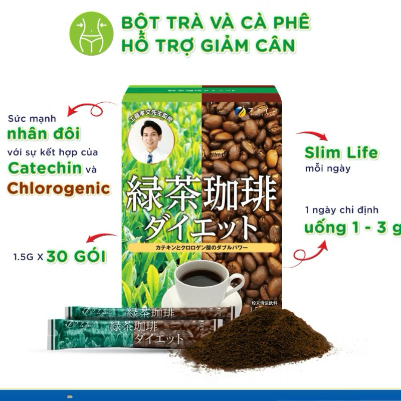 Trà cà phê hỗ trợ giảm cân Green tea & Diet coffee FINE JAPAN đẩy nhanh quá trình đốt cháy mỡ thừa hộp 30 gói (T12/2024)