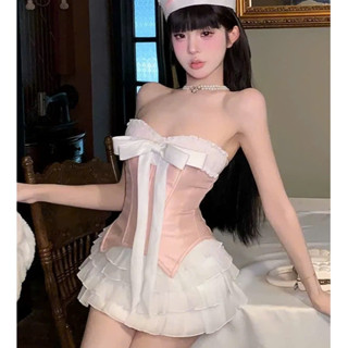 OB023 Set áo cup ngực viền bèo nổi bật đính nơ xinh xắn phối chân váy voan tầng bồng xòe