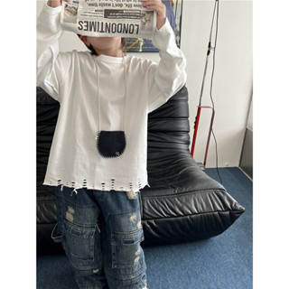 Áo thun tay dài bé trai trơn rách phong cách Hàn Quốc mùa thu đông 2024 - A302