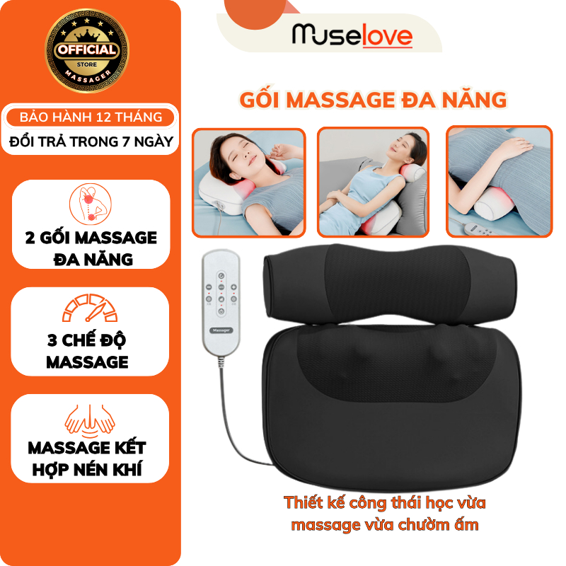 Gối Massage Cổ Vai Gáy MUSELOVE 3D Hồng Ngoại Đảo Chiều, Máy Mát Xa Đa Năng Giảm Đau Nhức Toàn Thân