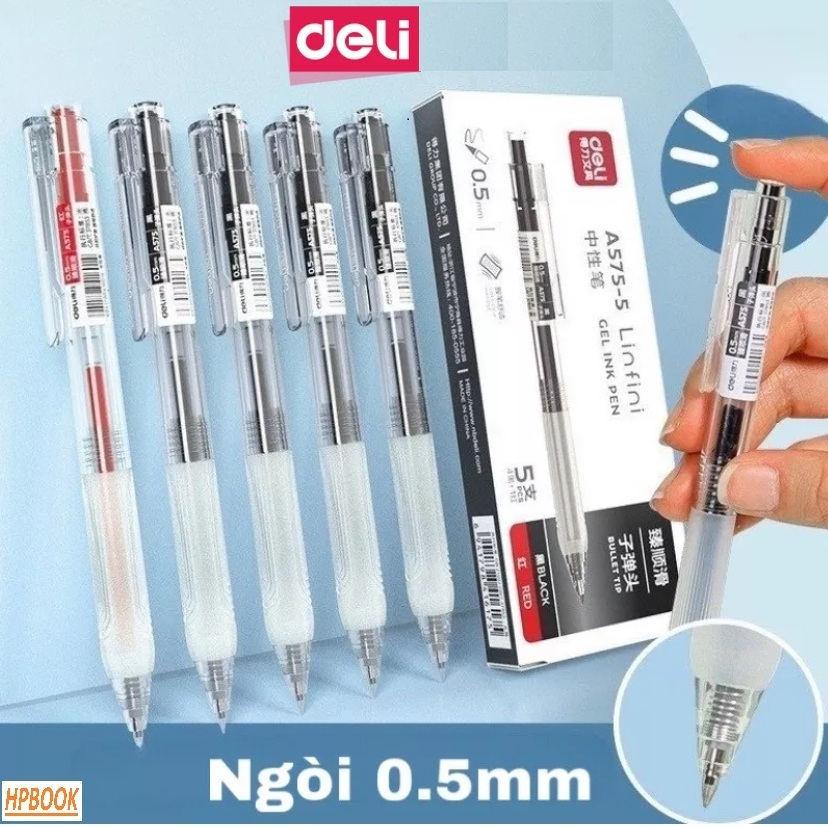 Bút Bi Nước Gel Bấm Deli A575 Trơn Tru Ngòi 0.5mm Mực Xanh Đen