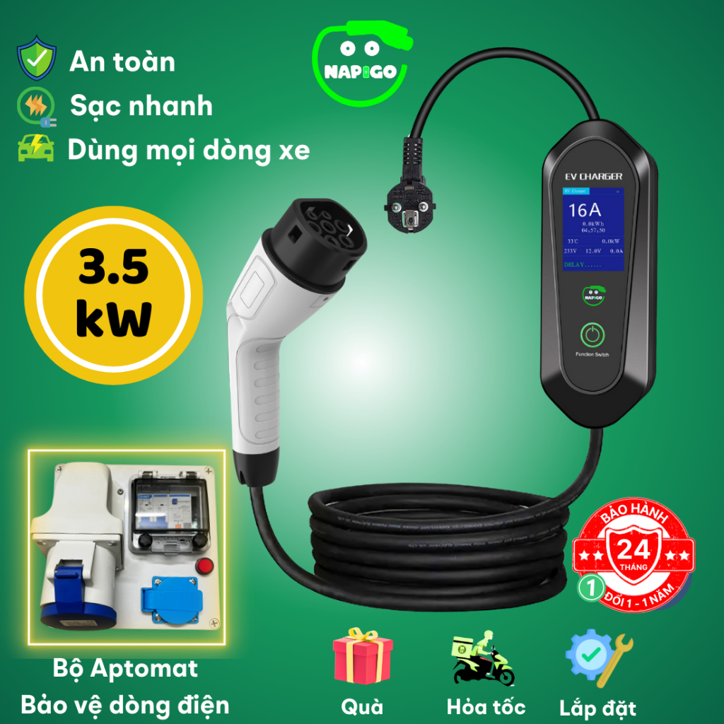 Bộ sạc ô tô điện 3.5kW - 16A chính hãng Napigo, dùng cho xe điện Vinfast VF 5,6,7,8,9,e34 wuling BYD