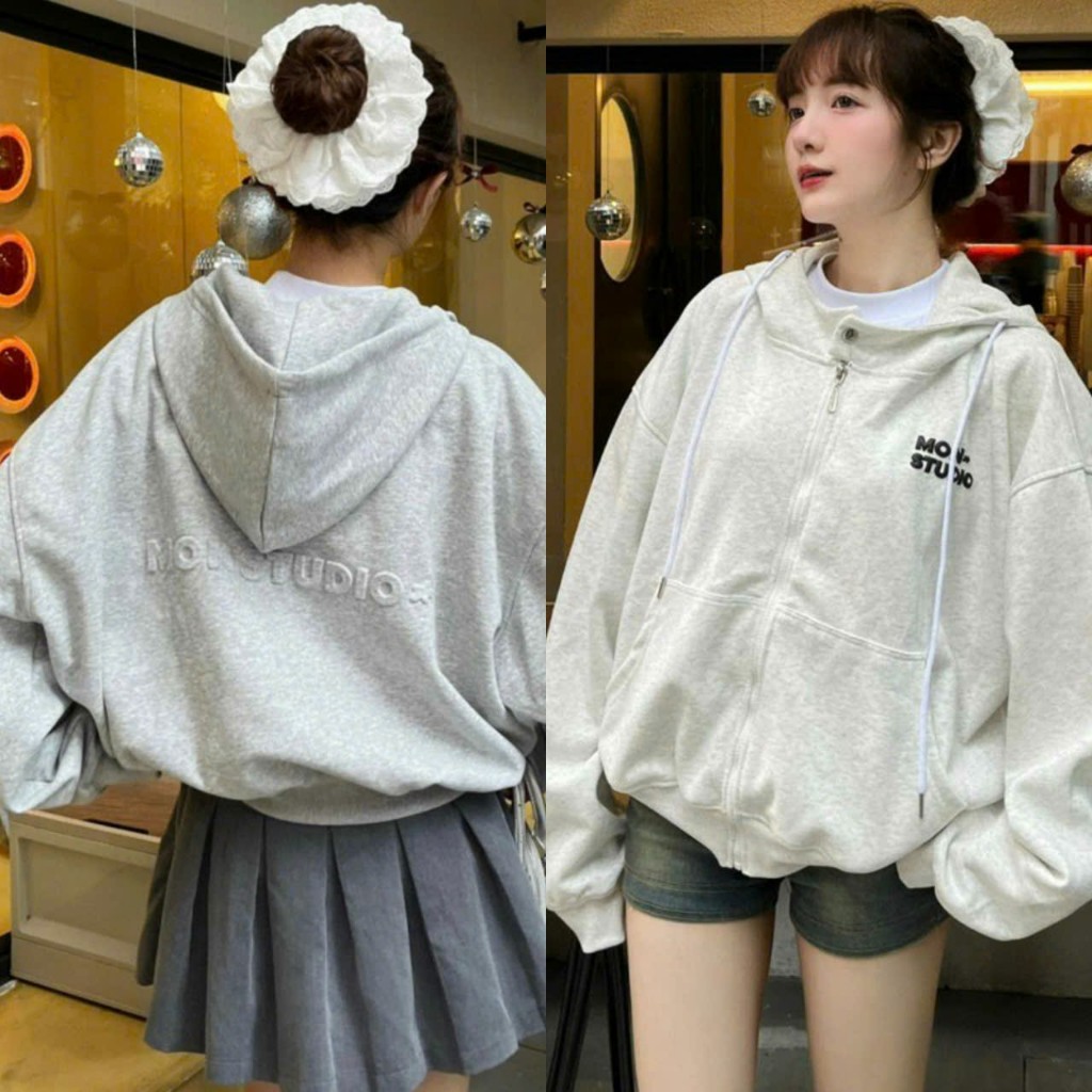 Áo Khoác Hoodie Nữ, Chữ In dập nổi MON*TU*DIO, CỔ cao có Khuy Bầm và mũ Chất liệu Nỉ TÀU cao cấp hottrend BOMBERSHOP