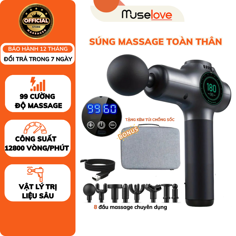 Máy massage cầm tay MUSELOVE, với 8 đầu 99 cấp độ giảm đau nhức hiệu quả, máy mát xa đấm lưng trị liệu chuyên sâu