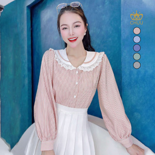 Áo sơ mi sọc kiểu hàn quốc nữ vintage kiểu cổ sen viền ren CHUU A1715