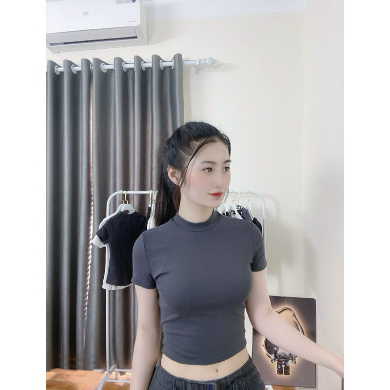 MS08- Áo Thun crotop Cộc Tay PQ.Store Cổ Cao 42-52kg From Ôm Thời Trang Cá Tính Cực Xinh Freesize | BigBuy360 - bigbuy360.vn