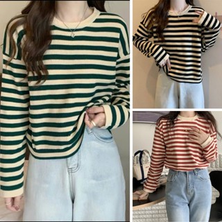 Áo Phông Nữ Dài Tay Form Rộng Chất Len Tăm Kẻ Sọc Ngang Hàn Quốc Áo Thun Nữ Tay Dài Cổ Tròn