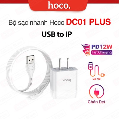 Bộ sạc nhanh PD12W Hoco DC01 Plus 1 cổng USB kèm dây sạc dài 1M dùng cho 6/7/8/10, chân dẹt