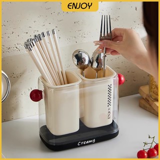 Ống đựng đũa thìa muỗng để bàn có khay hứng nước quai xách quả đỏ chất liệu nhựa PET, PP an toàn - EJ679