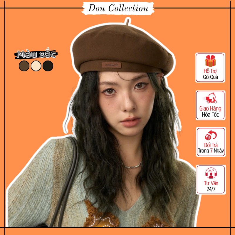 Mũ nồi unisex nam nữ, Nón họa sĩ chất cotton dày dặn họa tiết trơn phối tag HANDMADE nâu basic thời trang Hàn - Mã MN015