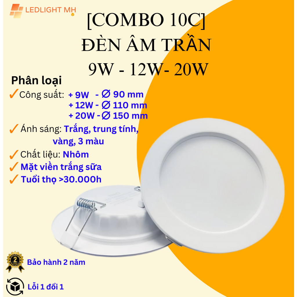 {COMBO 10 CÁI} Đèn Led Âm Trần 9W, 12W, 20W Phi 90, 110, 150  ÁS Trắng, Vàng, Trung Tính và 3 Màu