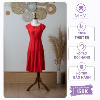 Đầm màu đỏ cổ tròn dáng xòe chất linen thời trang MEVI Mái Em _V6090