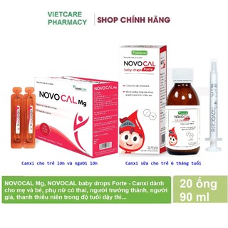 Combo Canxi NOVOCAL Mg, Baby drops Forte - Canxi nước hữu cơ cho mẹ và bé, canxi bầu, trẻ em 20 ống 90ml Novopharm