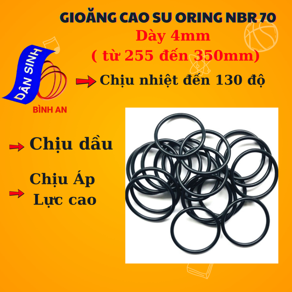 Dày 4mm * (255mm đến 350mm ,Đường kính trong) Gioăng cao su NBR70