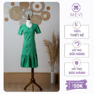 Váy cổ tim đuôi cá màu xanh chất linen nổi bật MEVI Mái Em _V6075