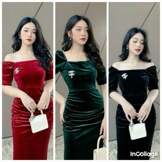  Đầm Nhung Nữ cổ vuông body chân váy dáng ôm quá gối. Váy nhung body trễ vai đẹp. 