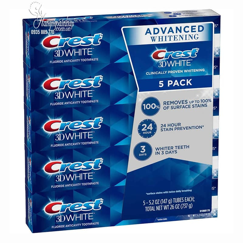 (Mẫu Mới) Kem Đánh Răng Trắng Răng Crest 3D White Advanced Whiteing 147gr Chính Hãng Mỹ