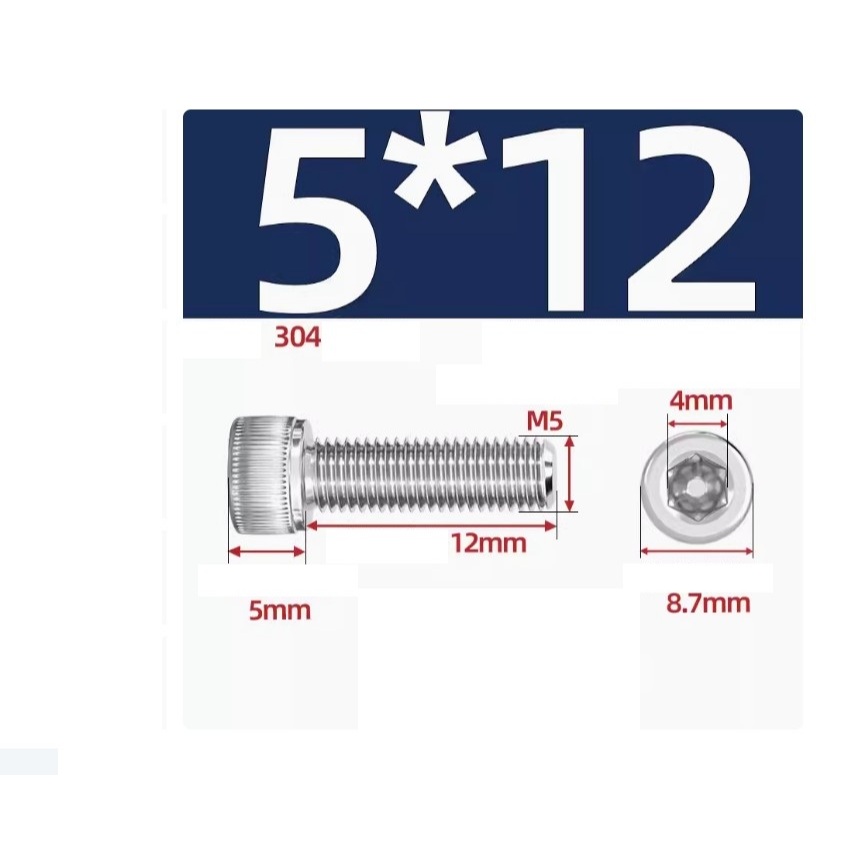 Ốc lục giác Inox 304 M5 (Ốc đầu ly M5 / bu lông inox M5) cao cấp