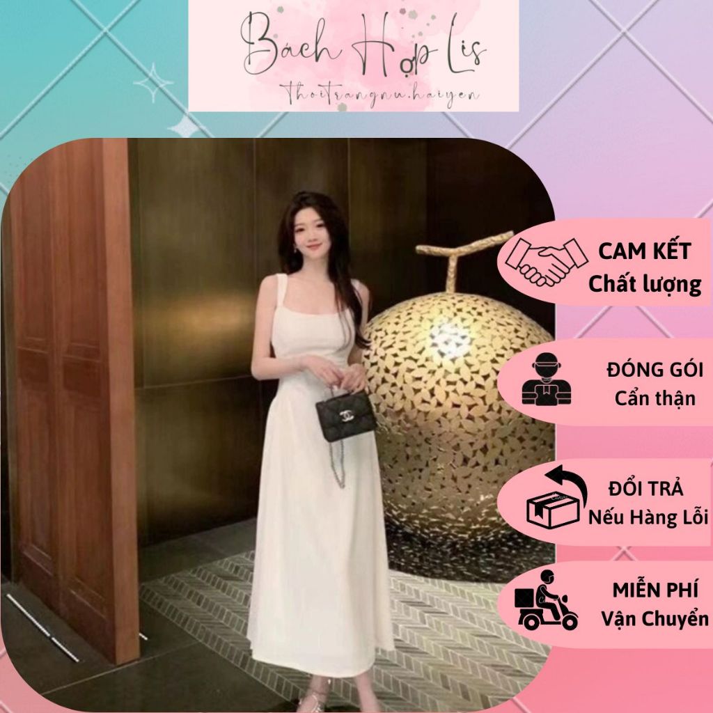 Váy Hai Dây Nữ Màu Trắng Dáng Dài Chít Eo Cao