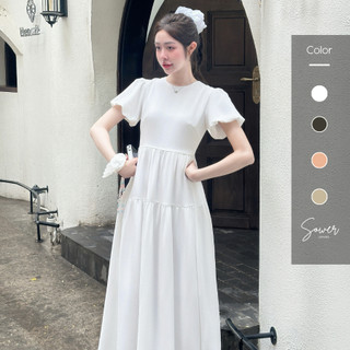  Đầm dài maxi hai lớp Sower cổ tròn tay phồng dáng xòe nhiều tầng - Cia dress 