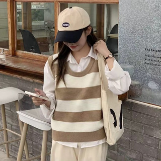 Áo len gile nữ kẻ ngang phối màu pastel DELIZ phong cách học sinh trẻ trung cổ tròn dễ phối đồ